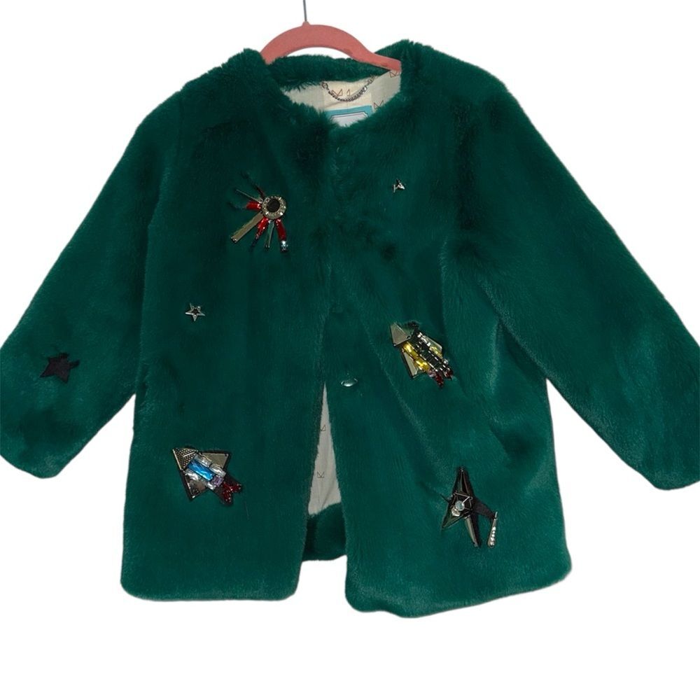 Le Motif Korean Designer Bejeweled Faux Fur Coat Girls XXL — Emerald Statement